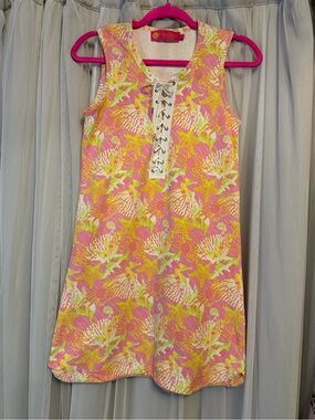 Macbeth Collection by Margaret Josephs Pink, Yellow & White Lace-Up Mini Dress